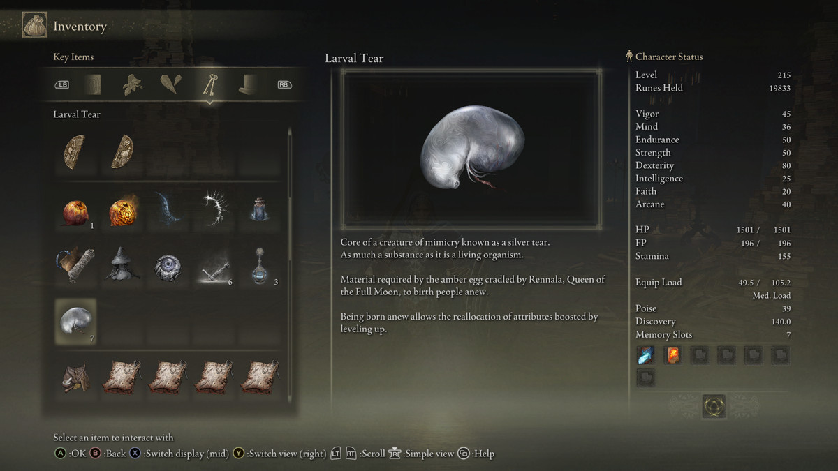 Inventory description of Larval Tears, an item used to respec in Elden Ring