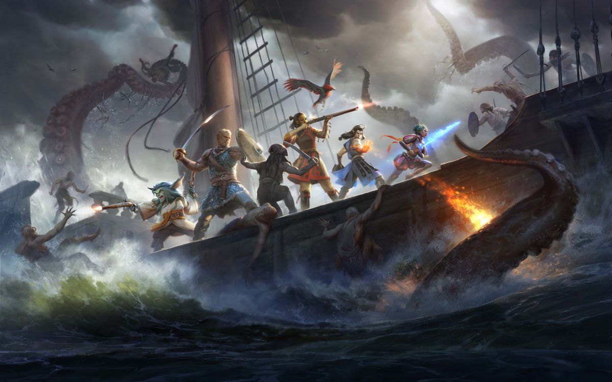 Pillars of Eternity 2 key art, depicting a party of fantasy heroes on a boat fighting off a kraken.