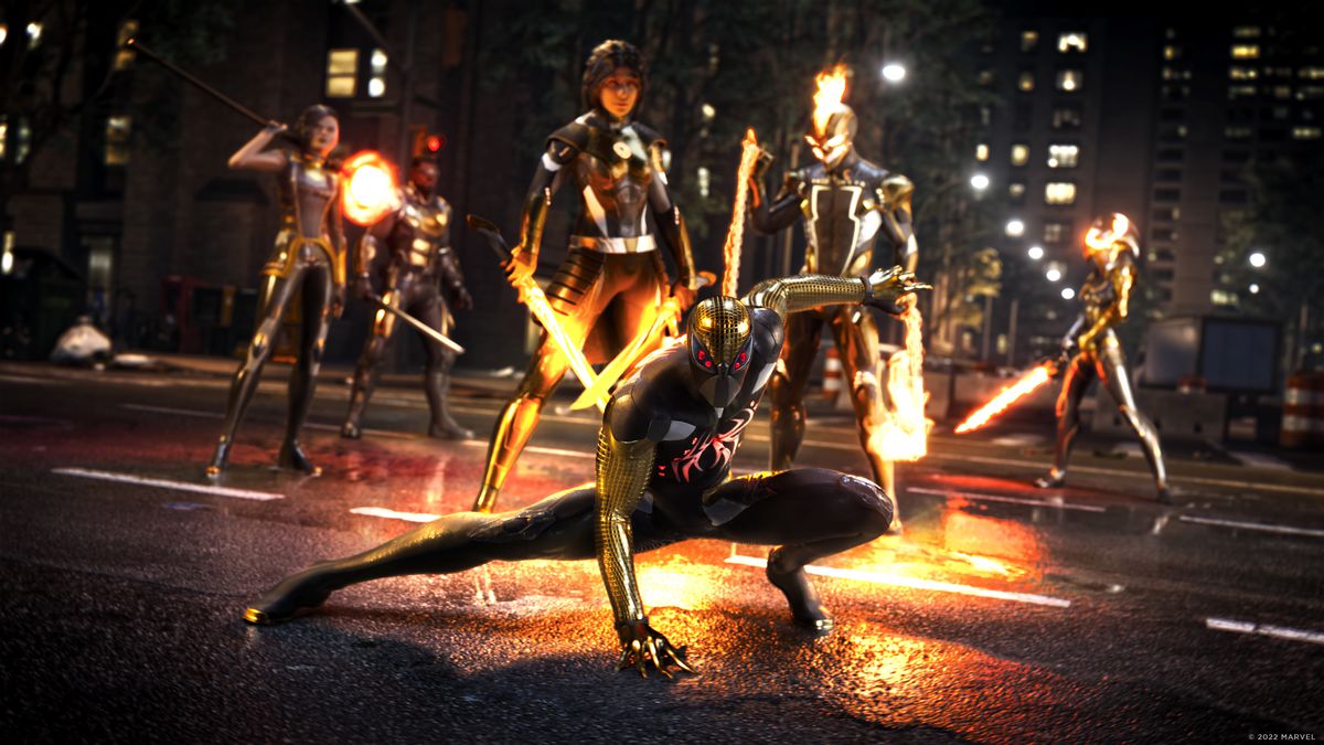 Spider-Man, Blade, Ghost Rider, Magik, and other Marvel heroes pose on a street at nighttime in a cinematic still from Marvel’s Midnight Suns.