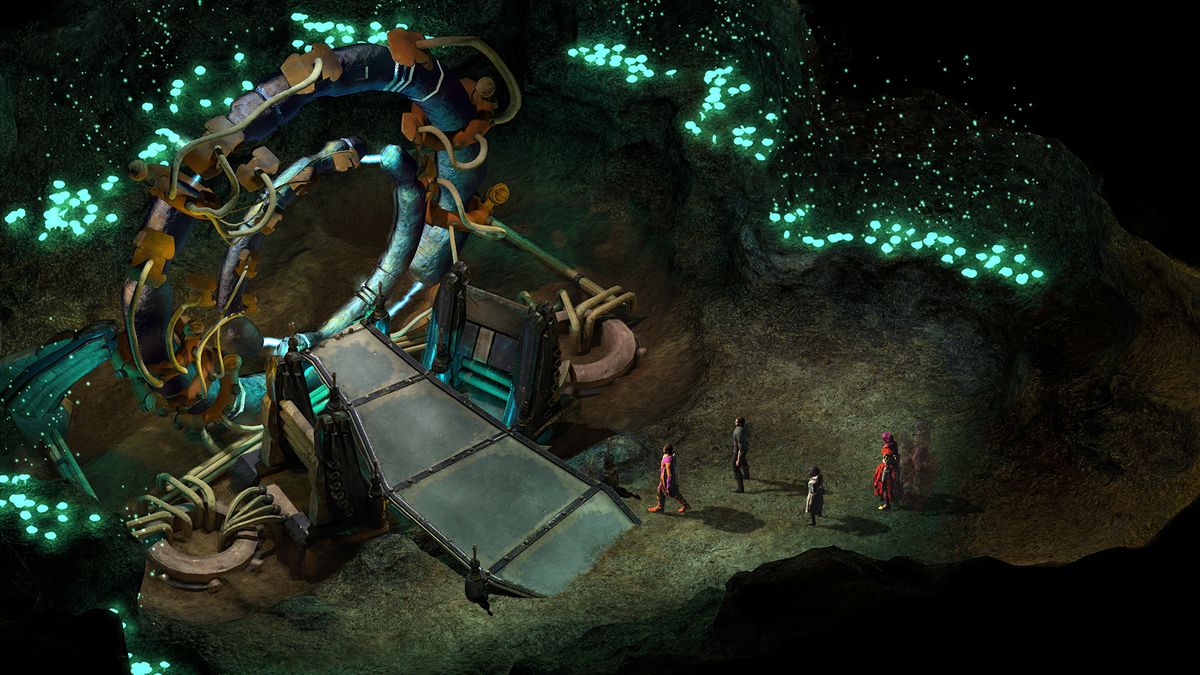 Torment: Tides of Numenera screenshot with party members standing in front of a glowing stargate type portal