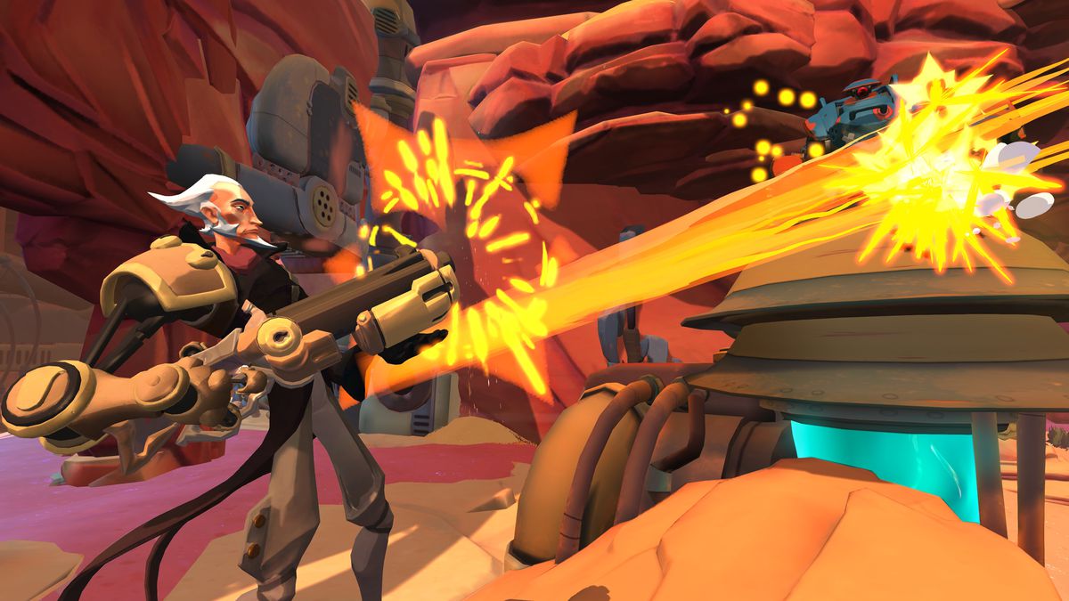 A screenshot of Gigantic: Rampage Edition featuring new hero Roland firing a gun at a device