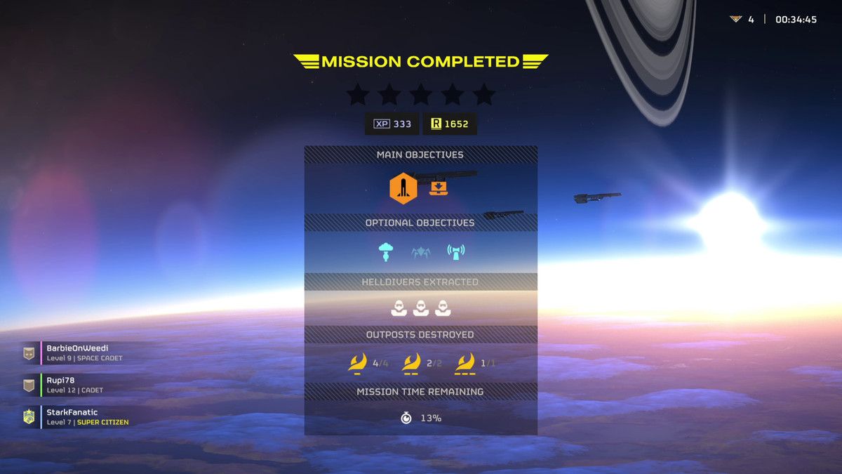 The mission complete screen for Helldivers 2