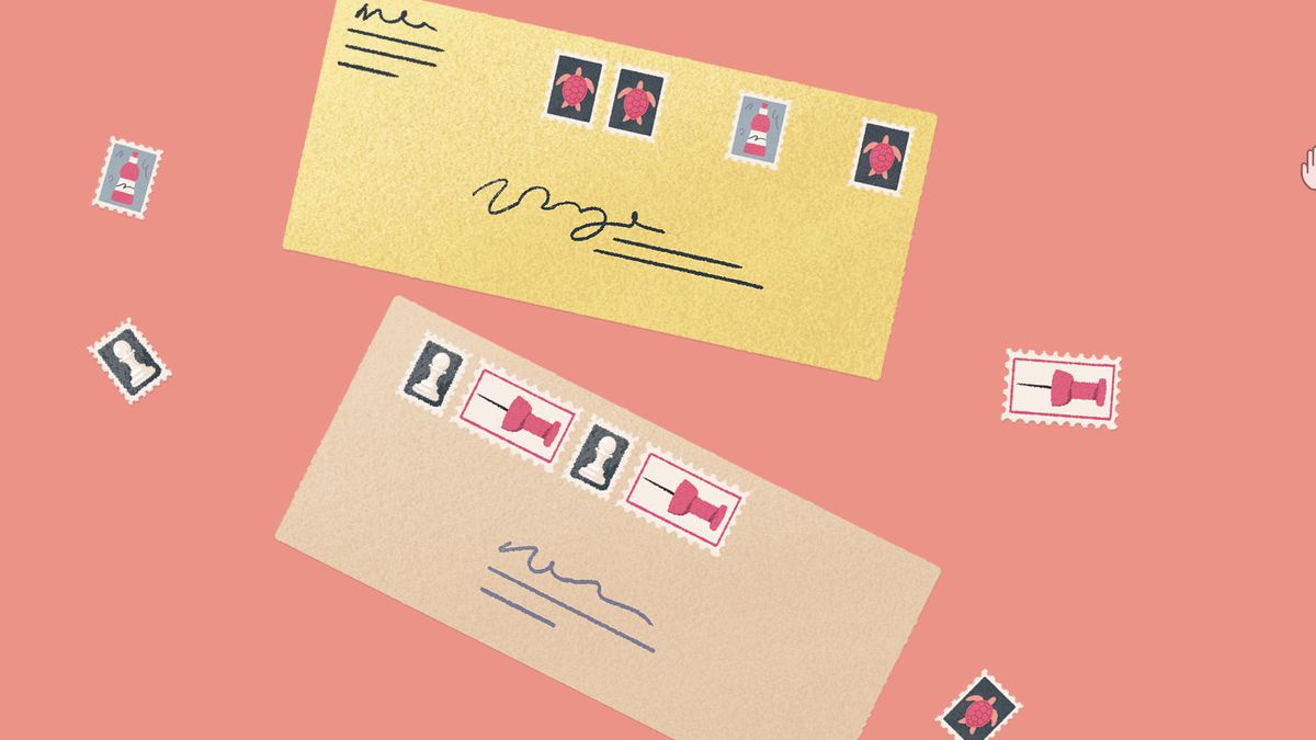 A stamps puzzle in A Little to the Left. There are two envelopes — one yellow and one beige — and there are a bunch of stamps scattered around it.