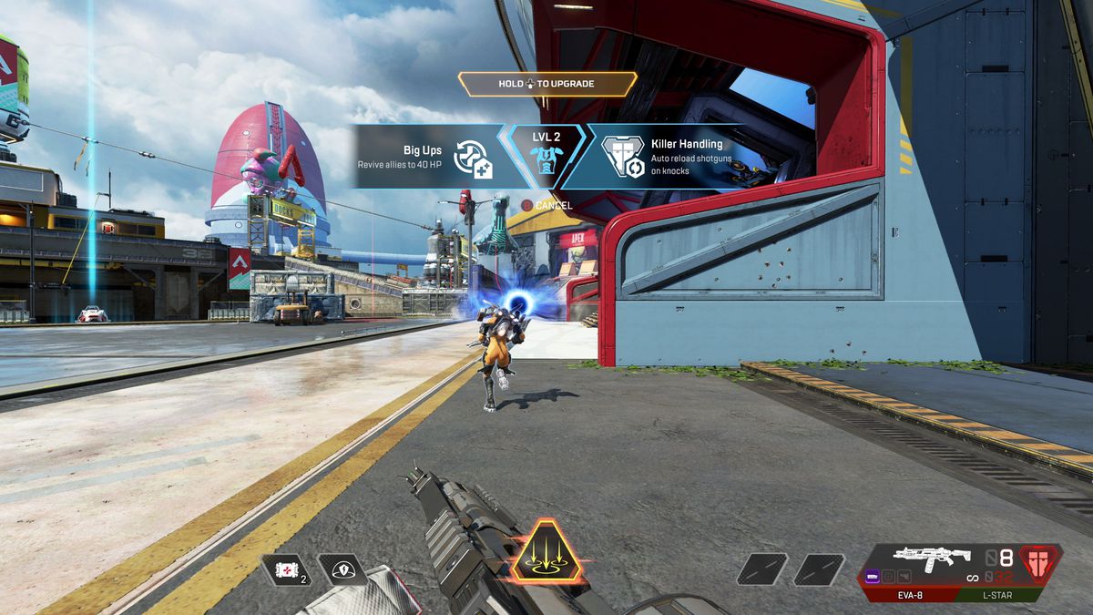 A screenshot of Apex Legends’ new upgrade menu, showing the Big Ups and Killer Handling upgrades