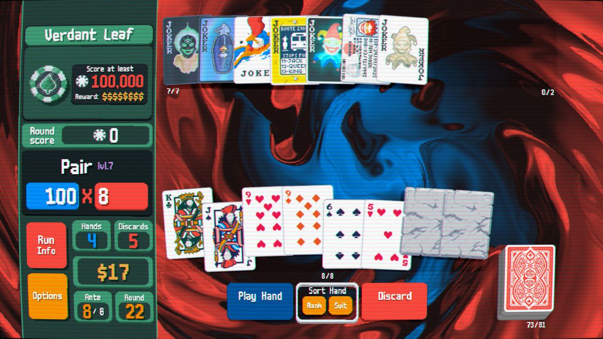 A screenshot of Balatro, depicting a top-down view of cards on a table, with a series of special Joker cards splayed out at the top of the screen and the player’s hand, containing regular cards as well as two special Stone cards, at the bottom.