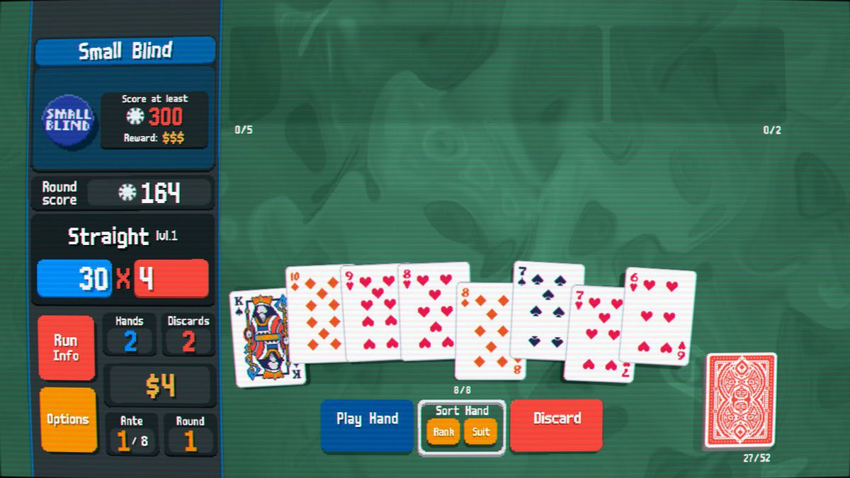 A screenshot of Balatro, depicting a top-down view of cards on a table, with several cards from a 52-card deck splayed out across the table