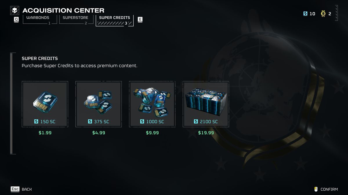 A menu screen in Helldivers 2 that shows off the Super Credits packages. 150 SC costs $1.99, and it goes up to 2100 SC, which costs $19.99.