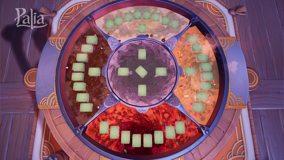 A top down view of the Hotpot Card Game in Palia, which is represented by mahjong-like tiles floating in a massive pot of bubbling soup.