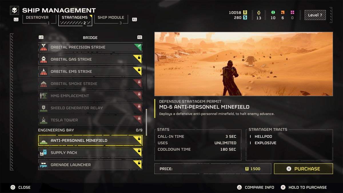 The Ship Management menu showing all the different Stratagems in Helldivers 2