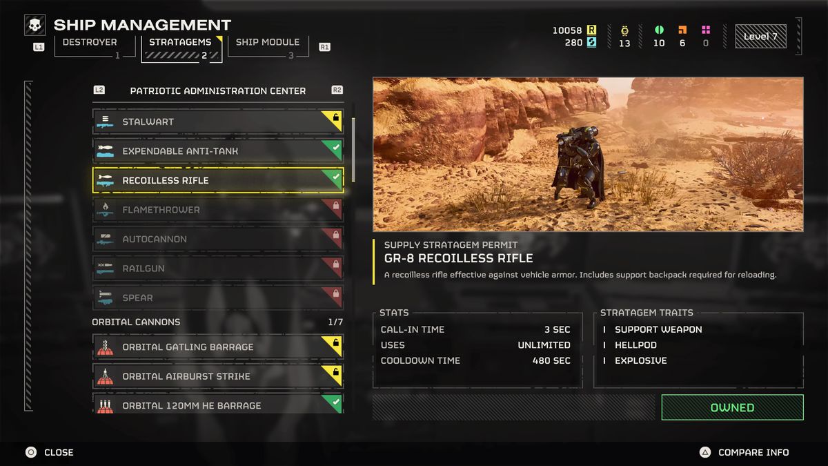 The Ship Management menu showing all the different Stratagems in Helldivers 2