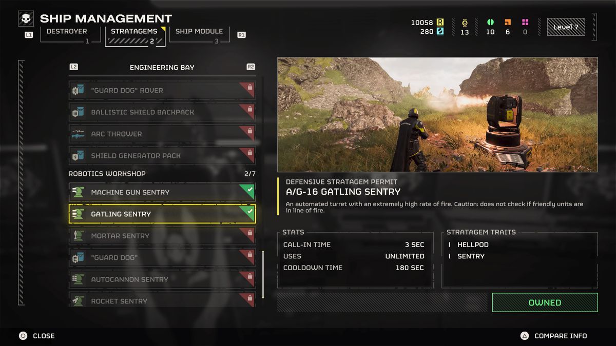 The Ship Management menu showing all the different Stratagems in Helldivers 2