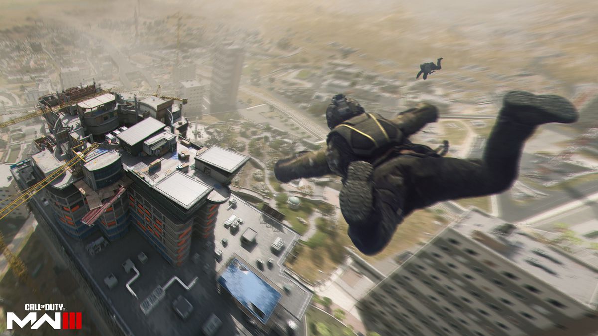 MW3 promo image of a player dropping into the Operation Tin Man map.