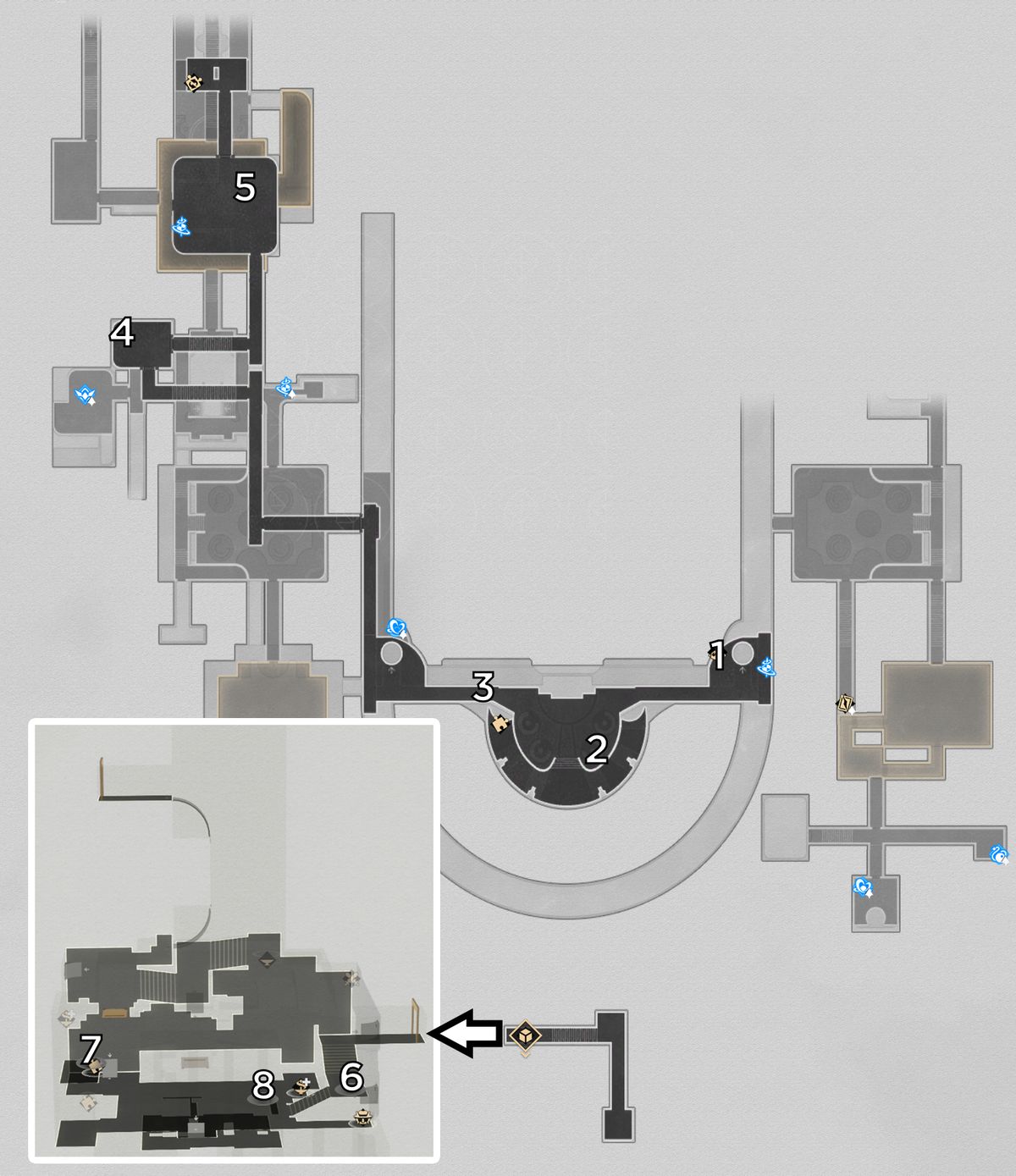 A map of the first floor of Reverie (Dreamscape) from Honkai Star Rail marked with the locations of the origami birds.