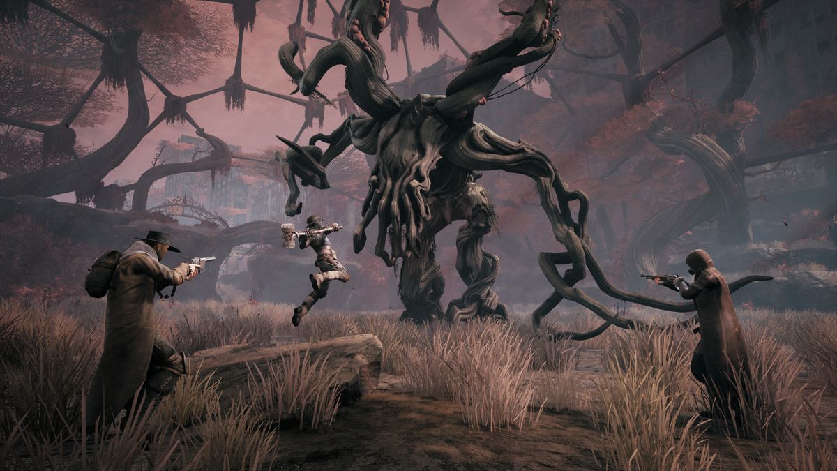 A group of heroes battle a giant tree monster