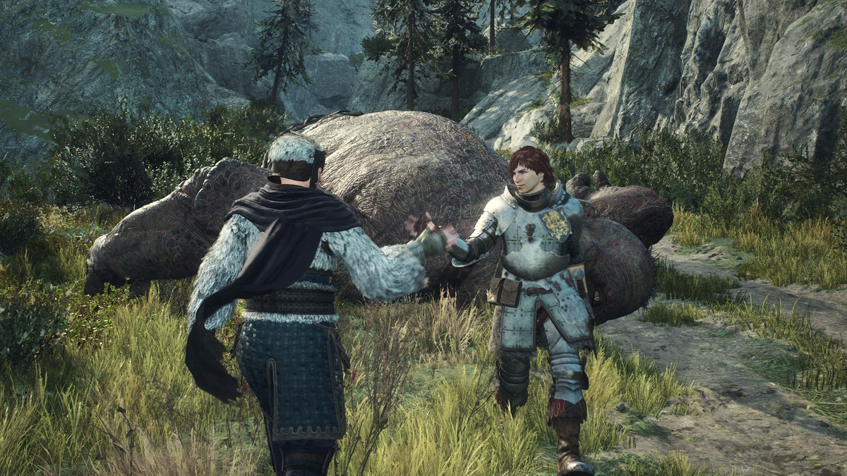 The Arisen high fives a pawn after killing a giant monster in a field in Dragon’s Dogma 2.