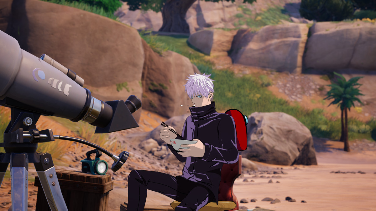 Gojo from Jujutsu Kaisen eating ramen by a telescope in Fortnite.