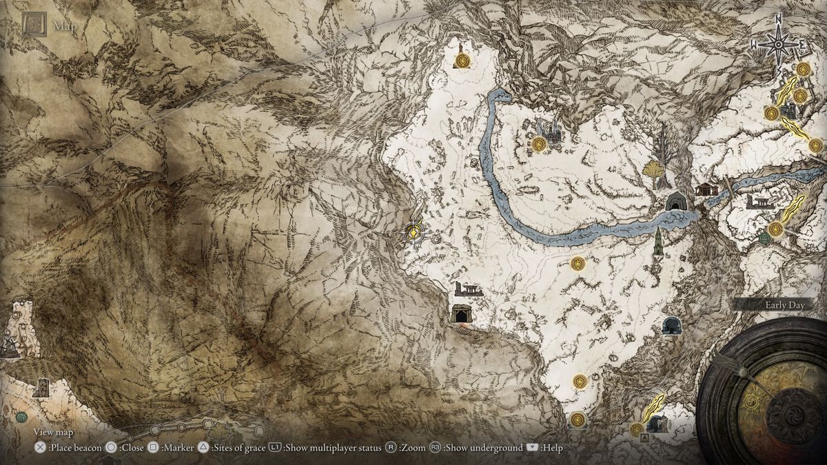 A map showing the location of the Mohgwyn Palace waygate on the west side of Consecrated Snowfield in Elden Ring