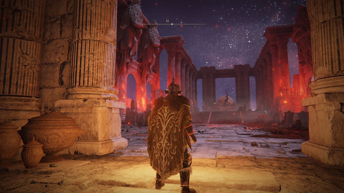 An armored Tarnished looks into the Mohgwyn Dynasty Mausoleum in Mohgwyn Palace in a screenshot from Elden Ring