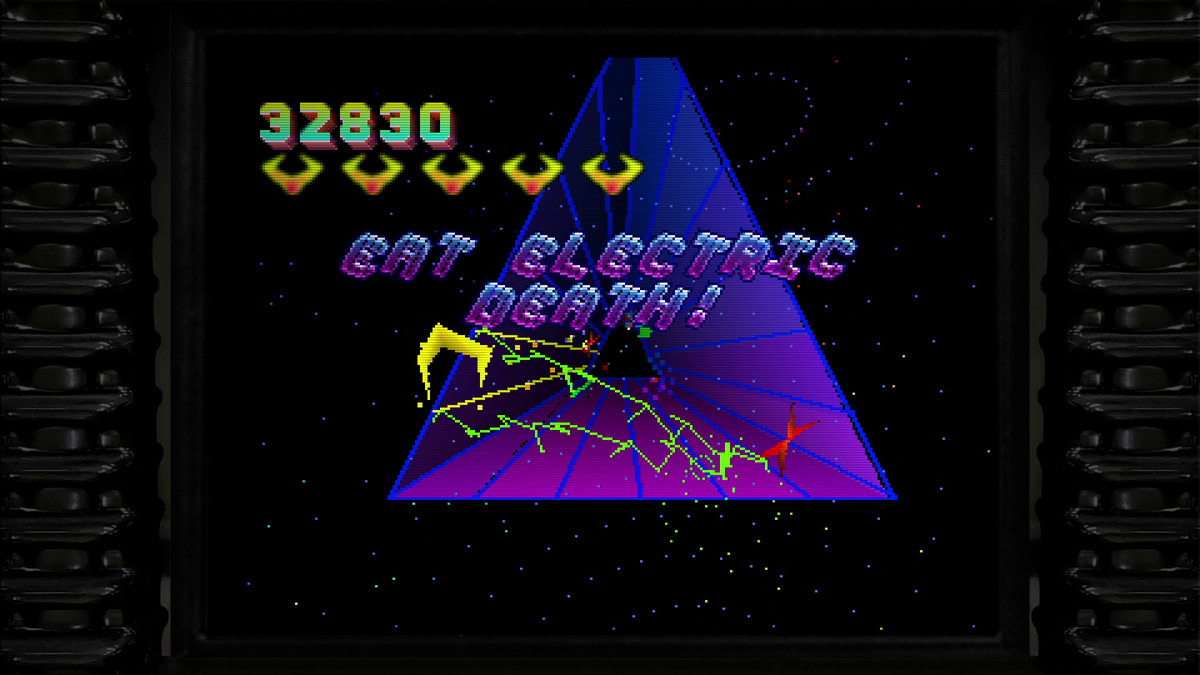 A screenshot of Tempest 2000 - lightning crackles across a triangular purple tunnel while distorted writing reads EAT ELECTRIC DEATH!