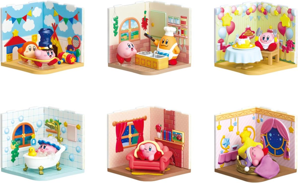 There are six images, each of which is a toy that’s included in Re-Ment’s set of Kirby Wonder Room. One shows Kirby partying in a decorated room, Kirby watching a character cook food, Kirby eating a cake, Kirby taking a bath, Kirby relaxing on a chair, and Kirby sleeping in bed.