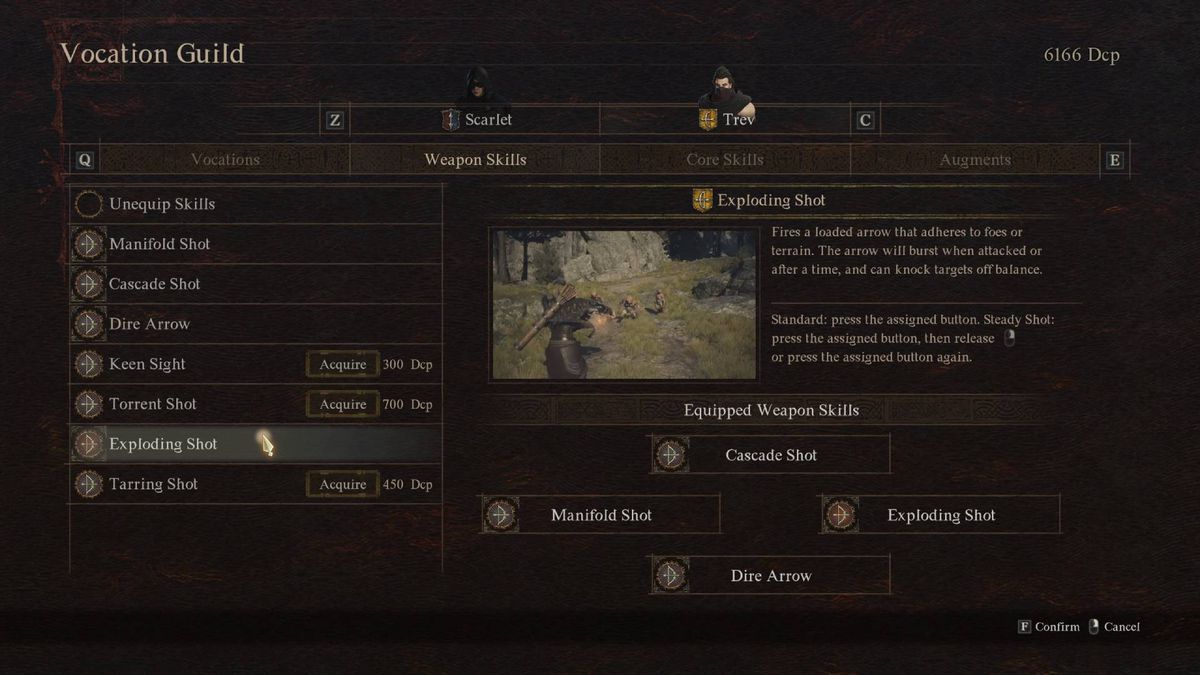 A menu shows the best weapons skills for the best Archer build in Dragon’s Dogma 2.