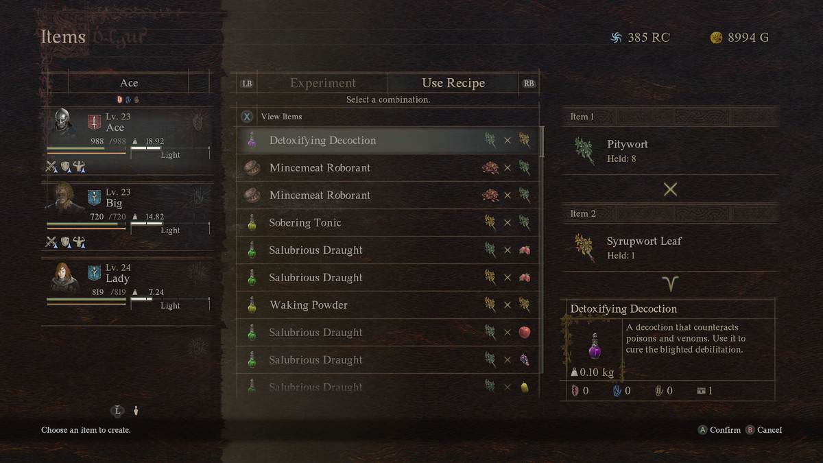 A Dragon’s Dogma 2 menu shows the item recipes list.