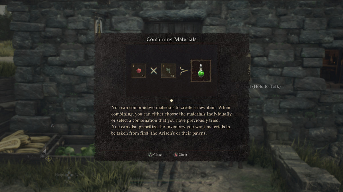 A Dragon’s Dogma 2 pop up shows how to combine items for item recipes.