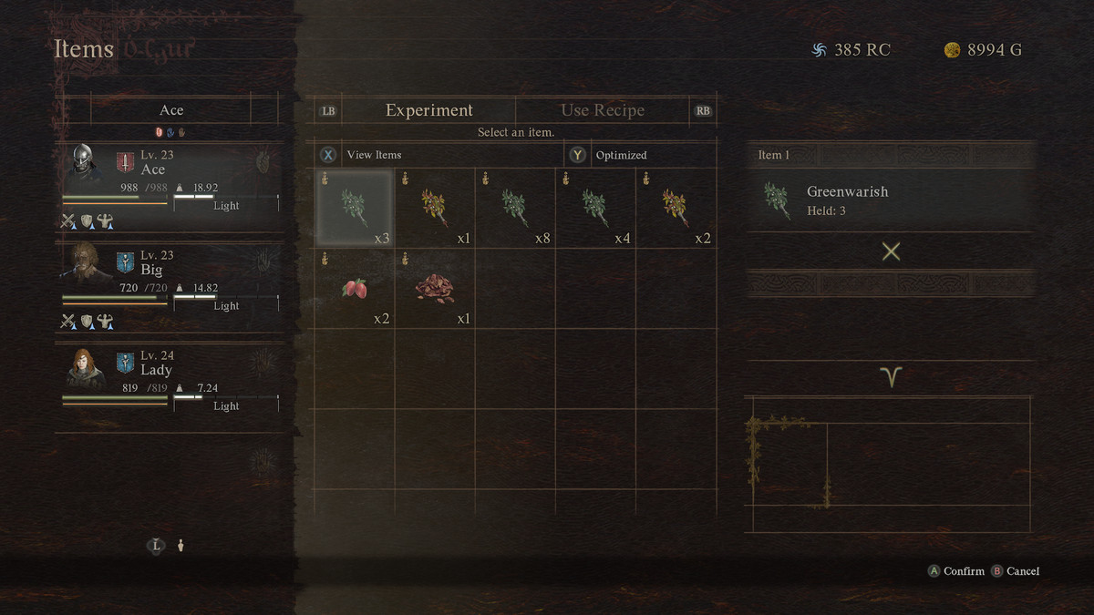 A menu shows a Dragon’s Dogma 2 hero combining items to make an item recipe.