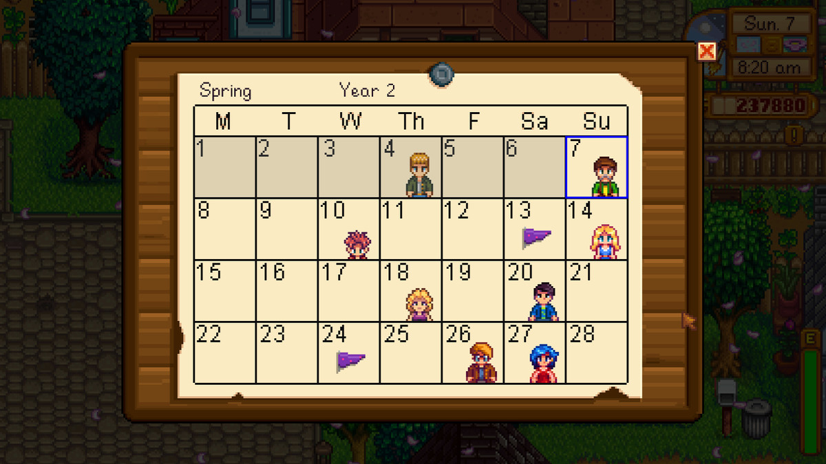 Stardew Valley’s spring calendar, showing various birthdays and festival days