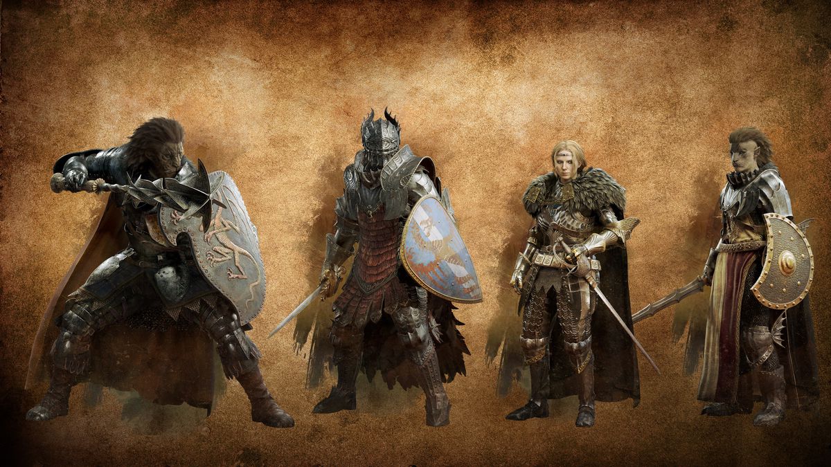 Four fighters stand ready to fight with their swords, shields, and armor 