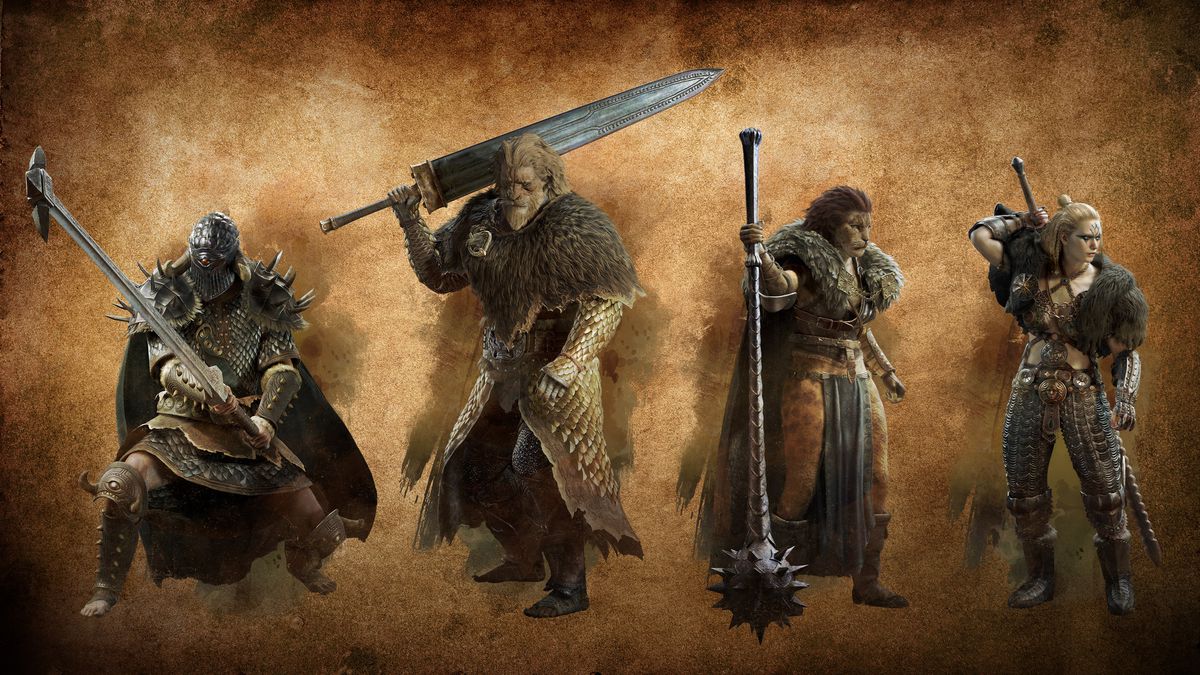 Four Warriors hoist massive weapons in Dragon’s Dogma 2