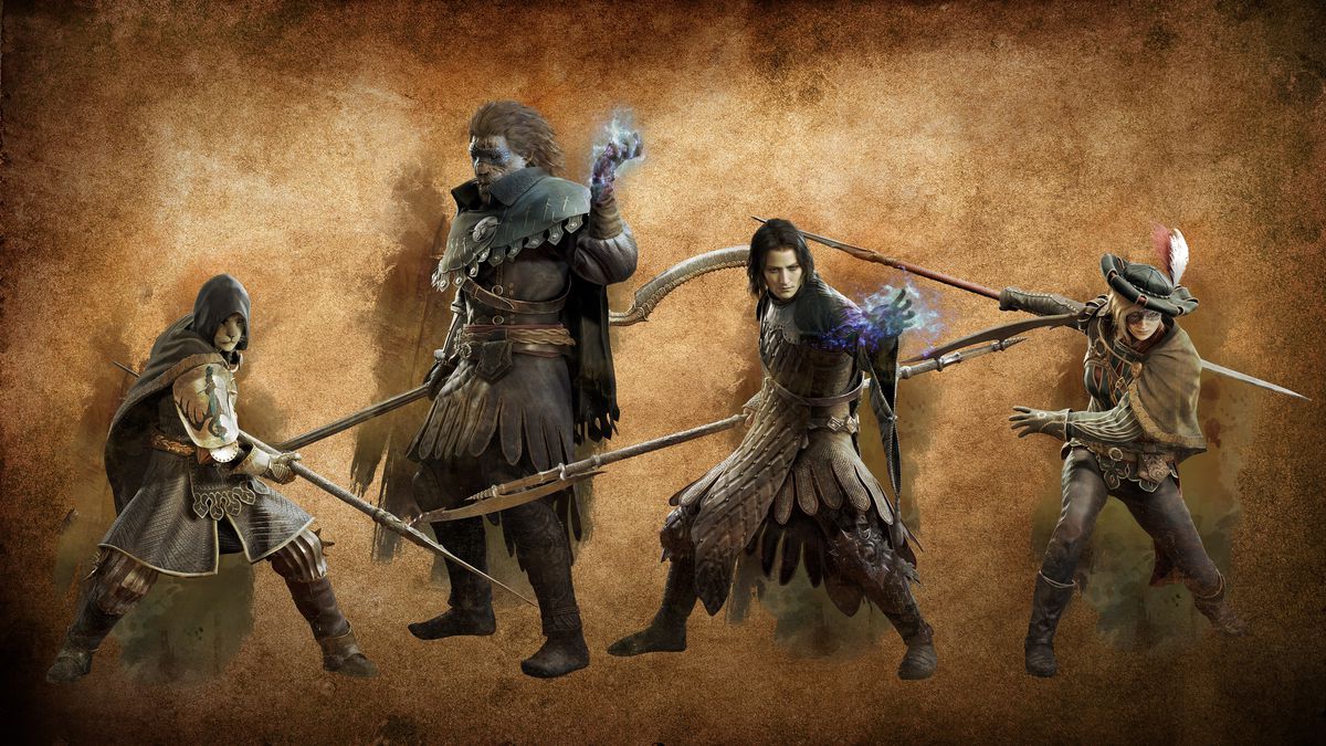 Four Mystic Spearhands swing around their massive staves in Dragon’s Dogma 2