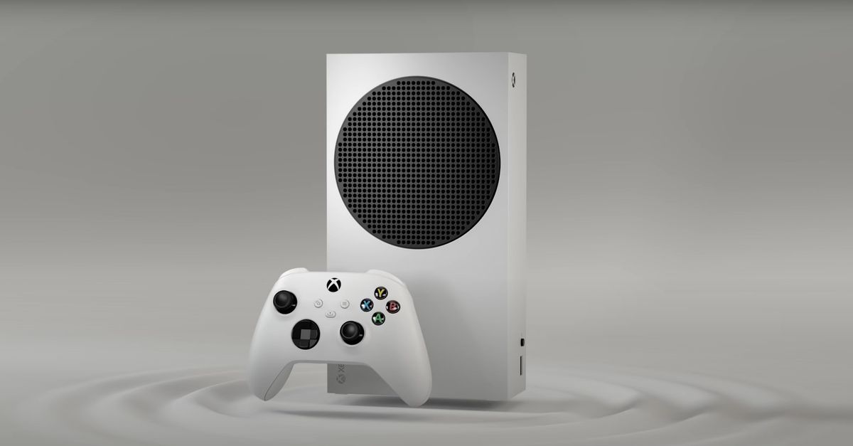 Xbox Series S front view with controller floating in front of it