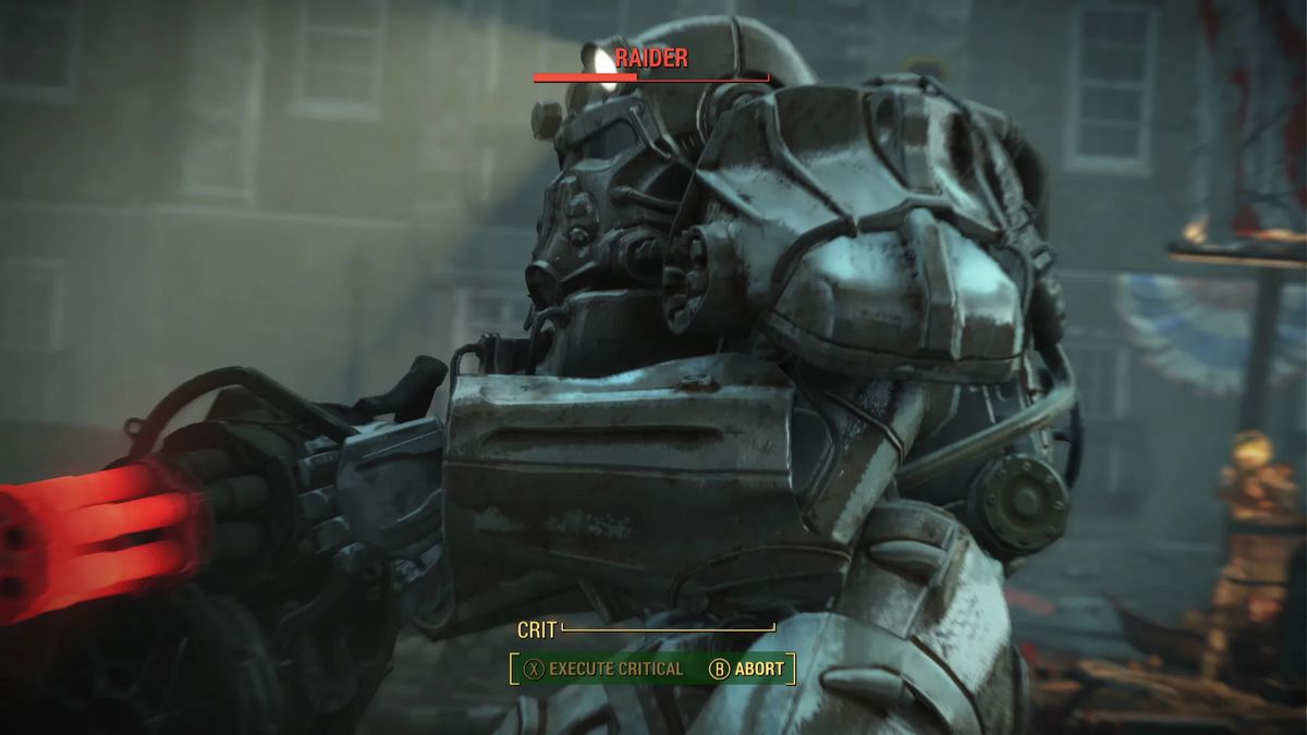 a character in Power Armor aiming a Gatling gun at an offscreen Raider for a critical hit in Fallout 4