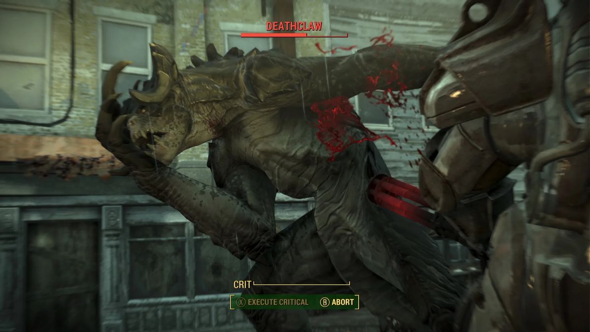 a character in Power Armor executing a critical hit on a Deathclaw in Fallout 4