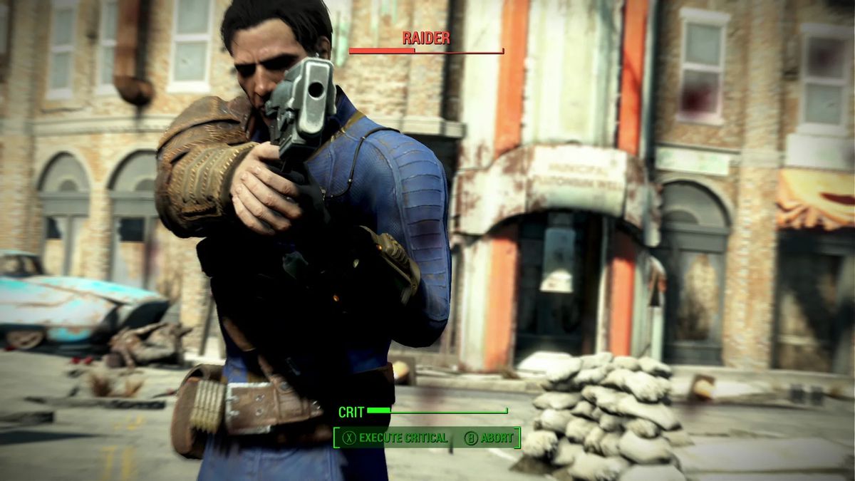 a man in a Vault-Tec outfit aiming a pistol at an off-screen Raider in Fallout 4