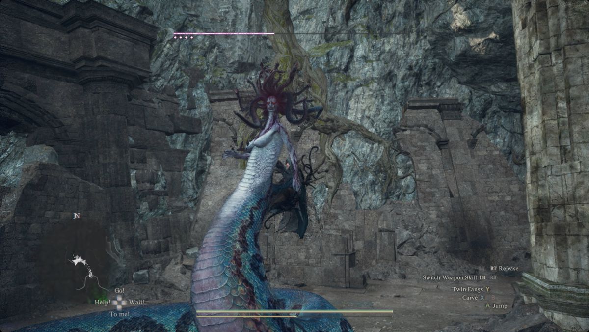 Dragon’s Dogma 2 player climbing on the Medusa