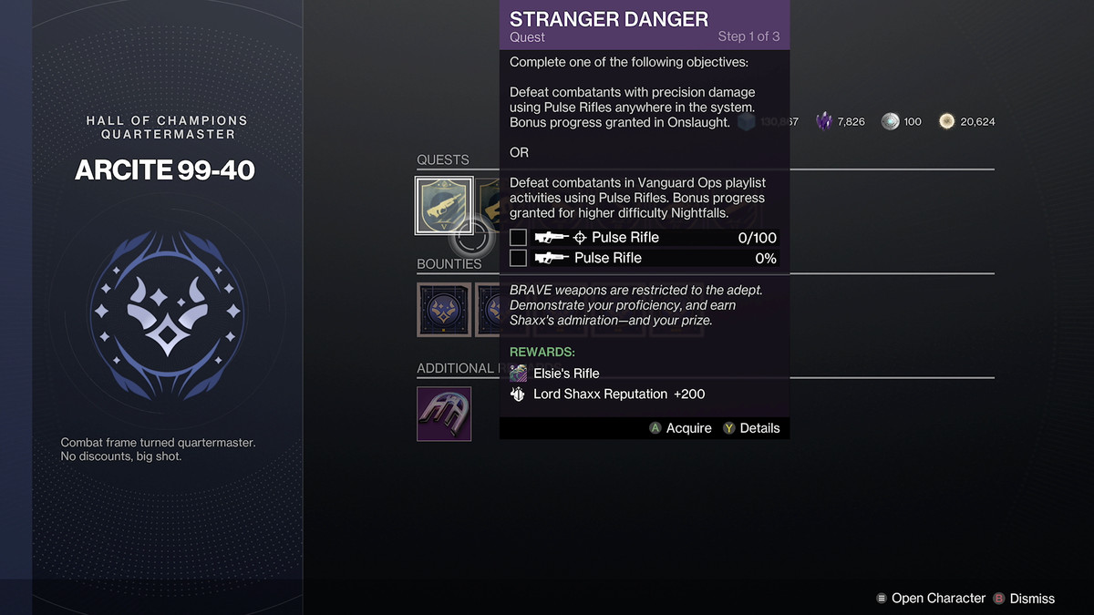 The Arcite vendor screen showing the ‘Stranger Danger’ quest in Destiny 2.