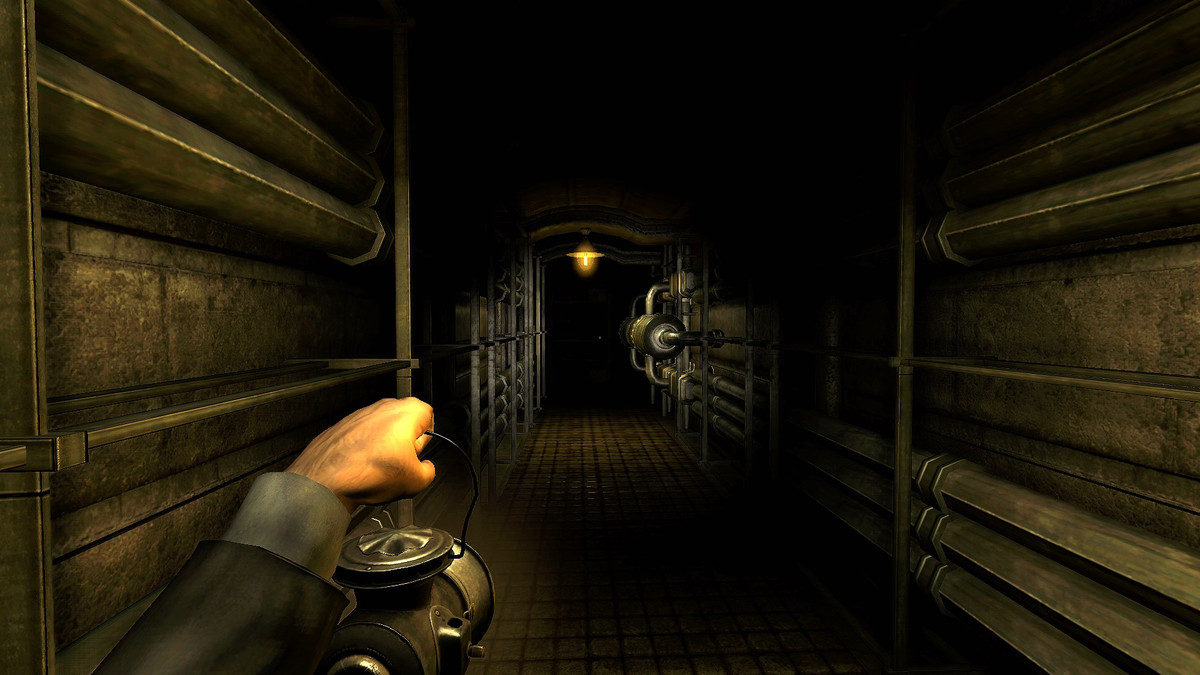 A character holding up a lantern in first person. It’s illuminating a hallway with pipes on the walls.