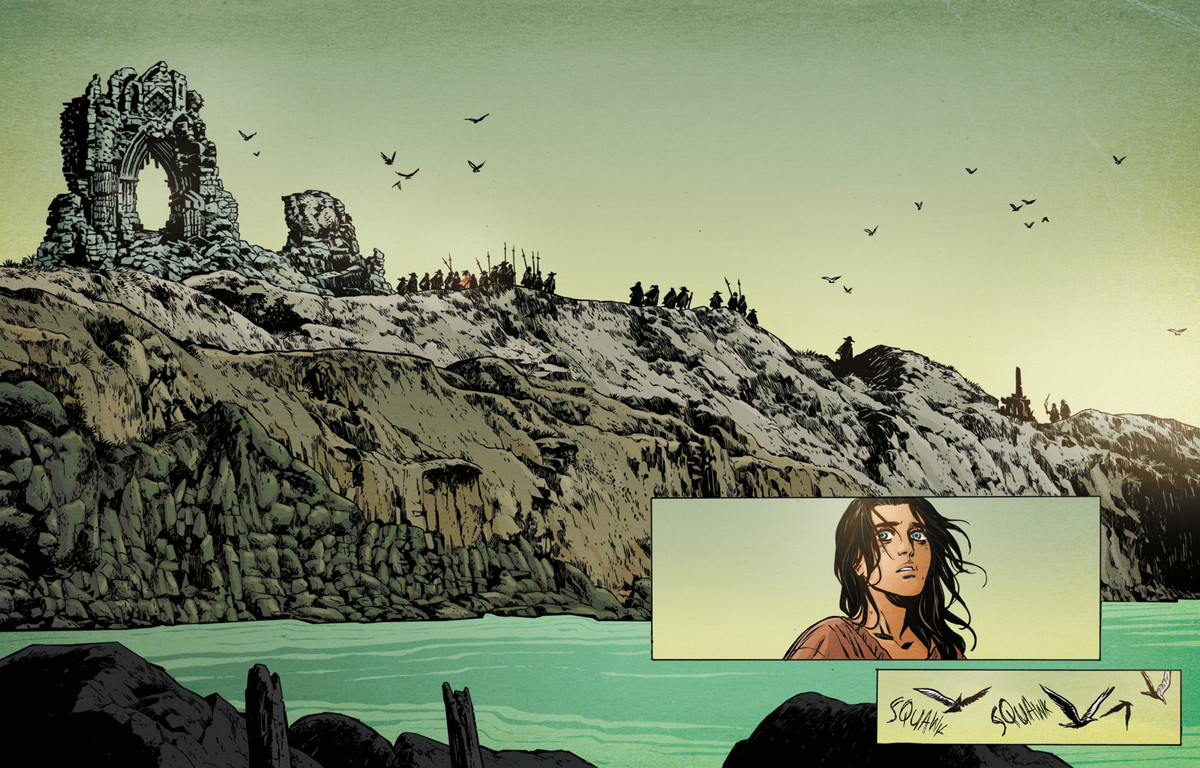 The rocky shore of an English landscape with the ruins of a church visible and an angry horde barely seen in front of it. In an inset panel, a woman looks on in dread. From SOMNA #3 (2024, DSTLRY)