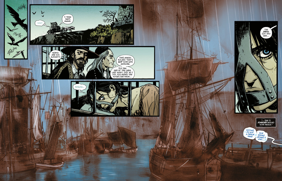 A smokey painting of boats arriving in a harbor while, in inset panels, a caged and gagged woman is driven in a cart by a priest and witch hunter. From SOMNA #3 (2024, DSTLRY)