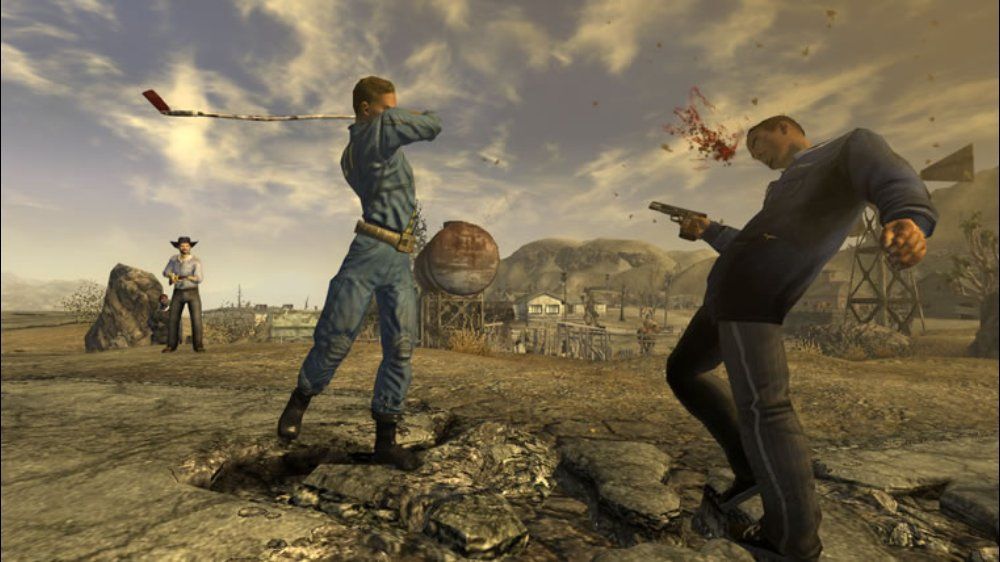 A player holding a 9 iron golf club bludgeoning an enemy character holding a pistol in the head in Fallout: New Vegas.