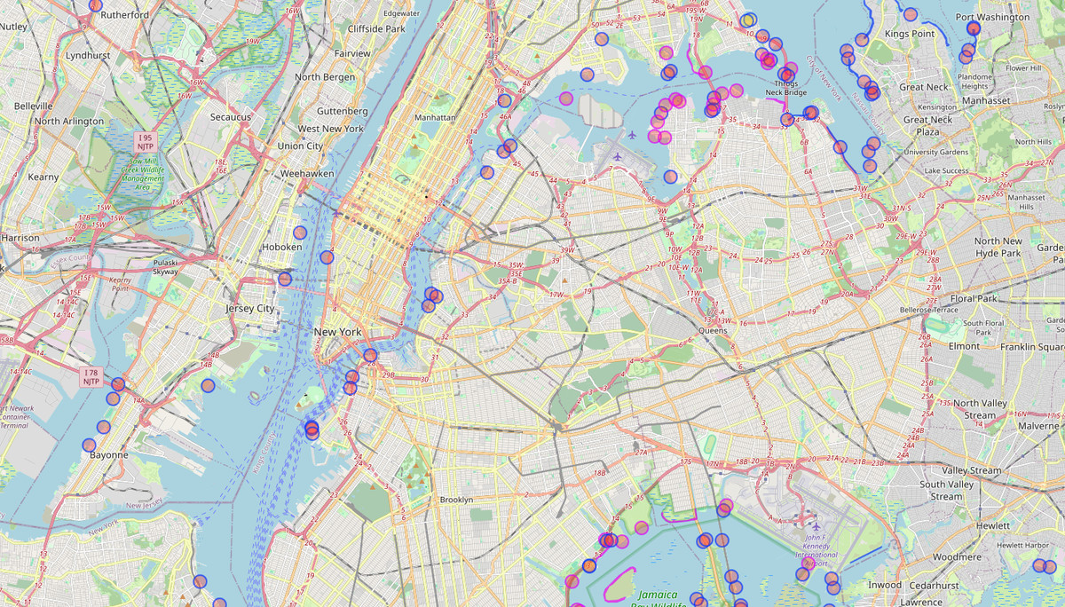 A map of New York City and the surrounding areas with red circles speckled all over it.