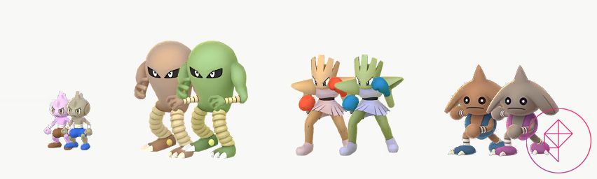 Tyrogue, Hitmonlee, Hitmonchan, and Hitmontop with their shiny forms in Pokémon Go. Tyrogue turns grey with blue clothes, Hitmonlee turns green, Hitmonchan turns a similar green with blue gloves, and Hitmontop gets pink accessories.