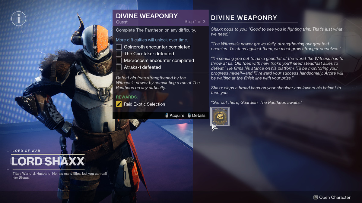 A Guardian picks up the Divine Weaponry quest from Destiny 