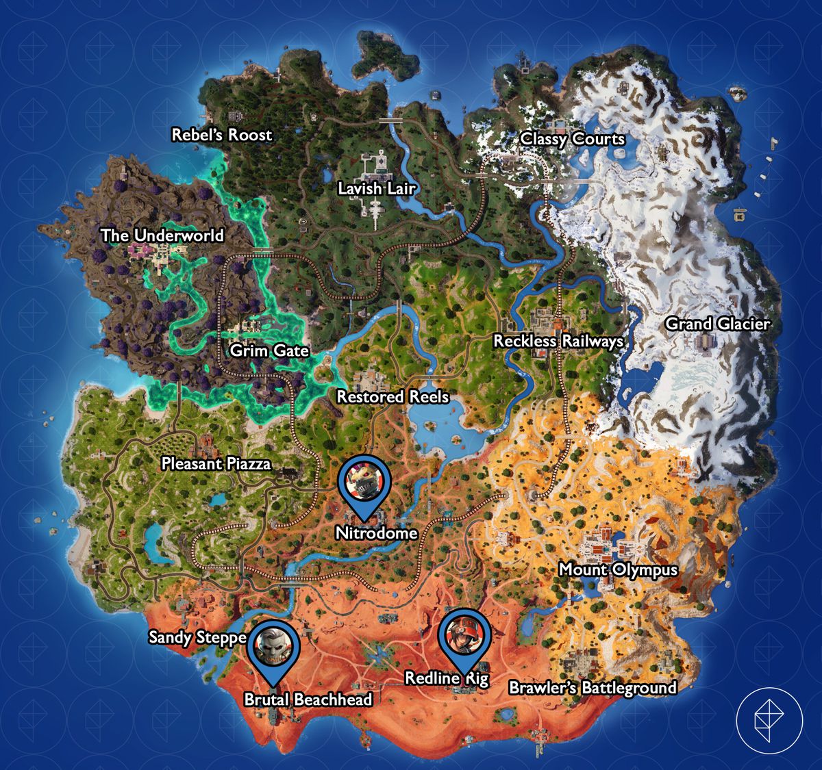 A map of the Fortnite C5S3 island with the bosses marked.