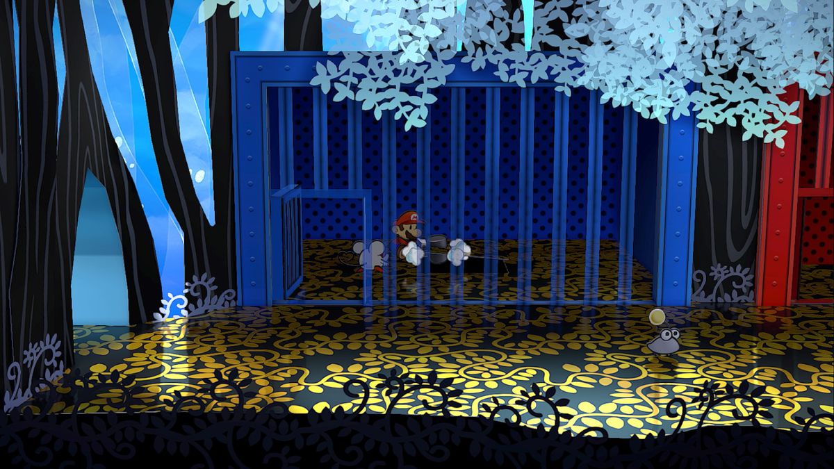 Mario hammers a panel in a blue jail cell in Paper Mario: The Thousand-Year Door