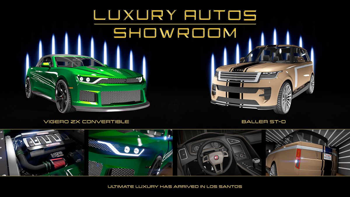 GTA Online promo art showing vehicles for sale at Luxury Autos Showroom