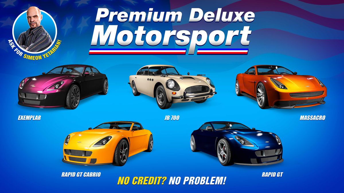 GTA Online promo art for vehicles on sale at Premium Deluxe Motorsports this week