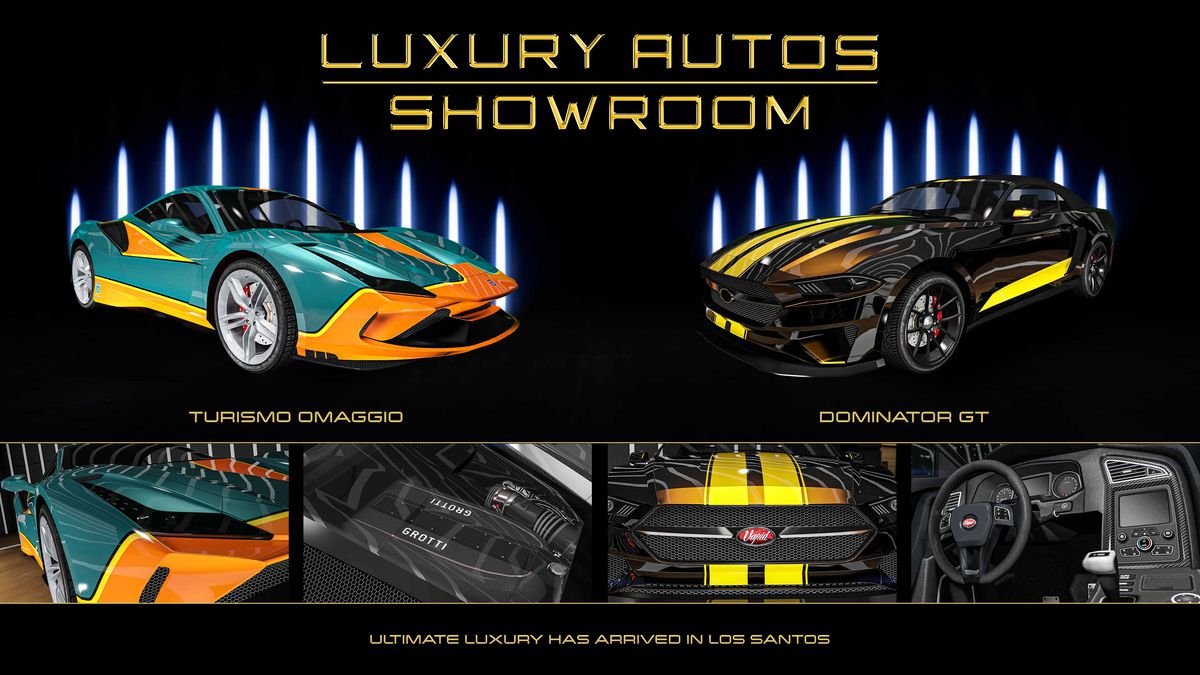 GTA Online promo art for vehicles for sale at Luxury Autos Showroom this week